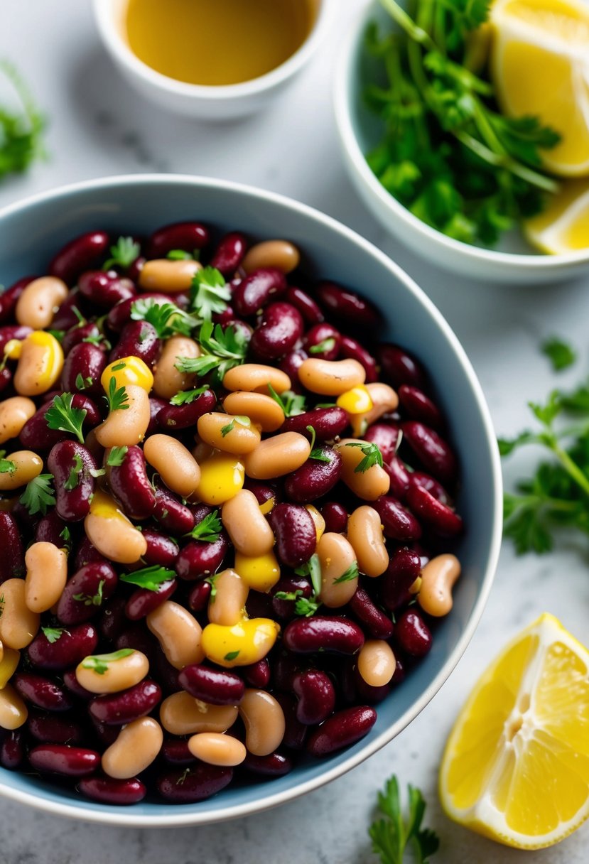 A colorful medley of kidney beans, mixed with honey mustard dressing, garnished with fresh herbs and vegetables