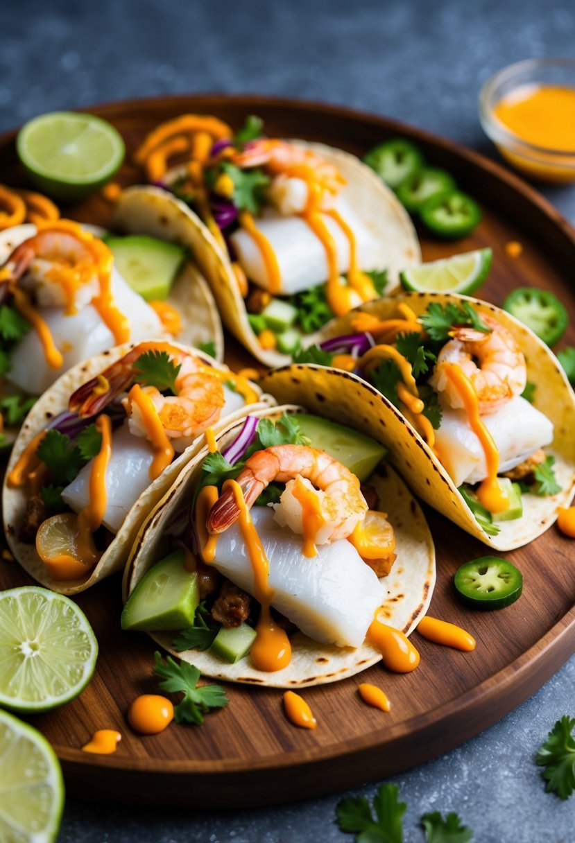 A colorful array of white fish and shrimp tacos, garnished with fresh vegetables and drizzled with zesty sauces, arranged on a wooden serving platter