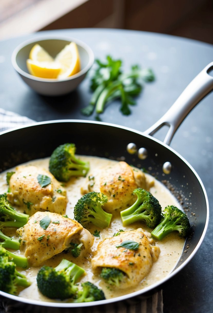 A sizzling skillet with creamy Tuscan chicken, broccoli, and keto-friendly ingredients