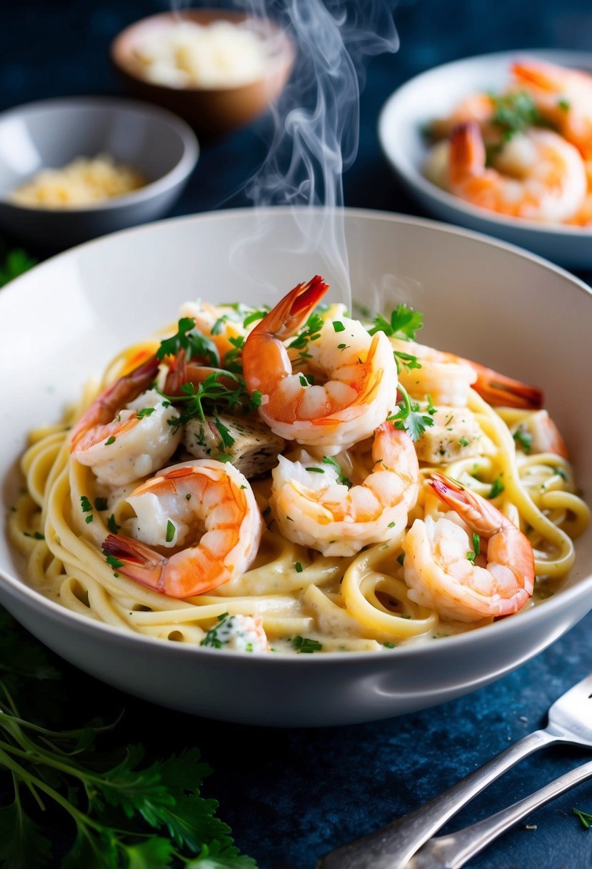 A steaming bowl of creamy shrimp and fish pasta, with succulent pieces of seafood nestled in a rich, white sauce, garnished with fresh herbs