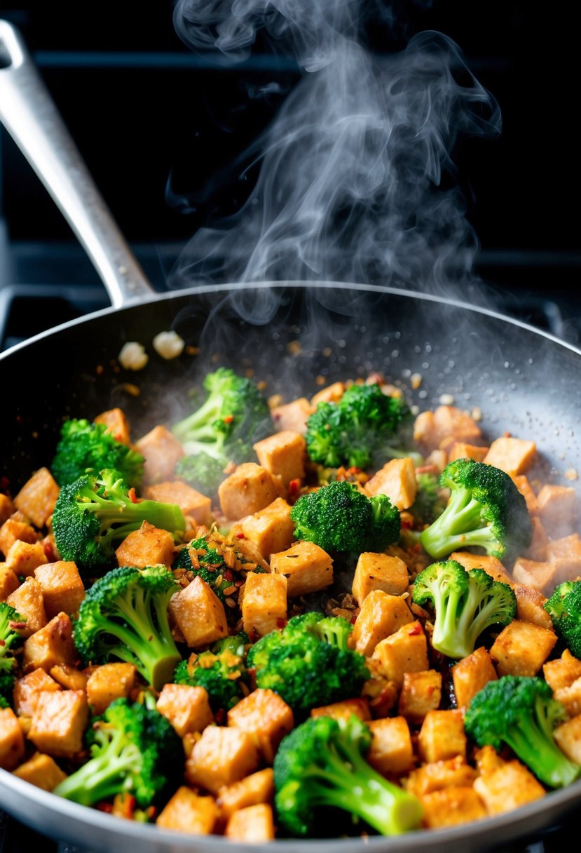 A sizzling skillet with diced chicken, vibrant broccoli florets, and a medley of colorful spices being tossed together in a fragrant cloud of steam