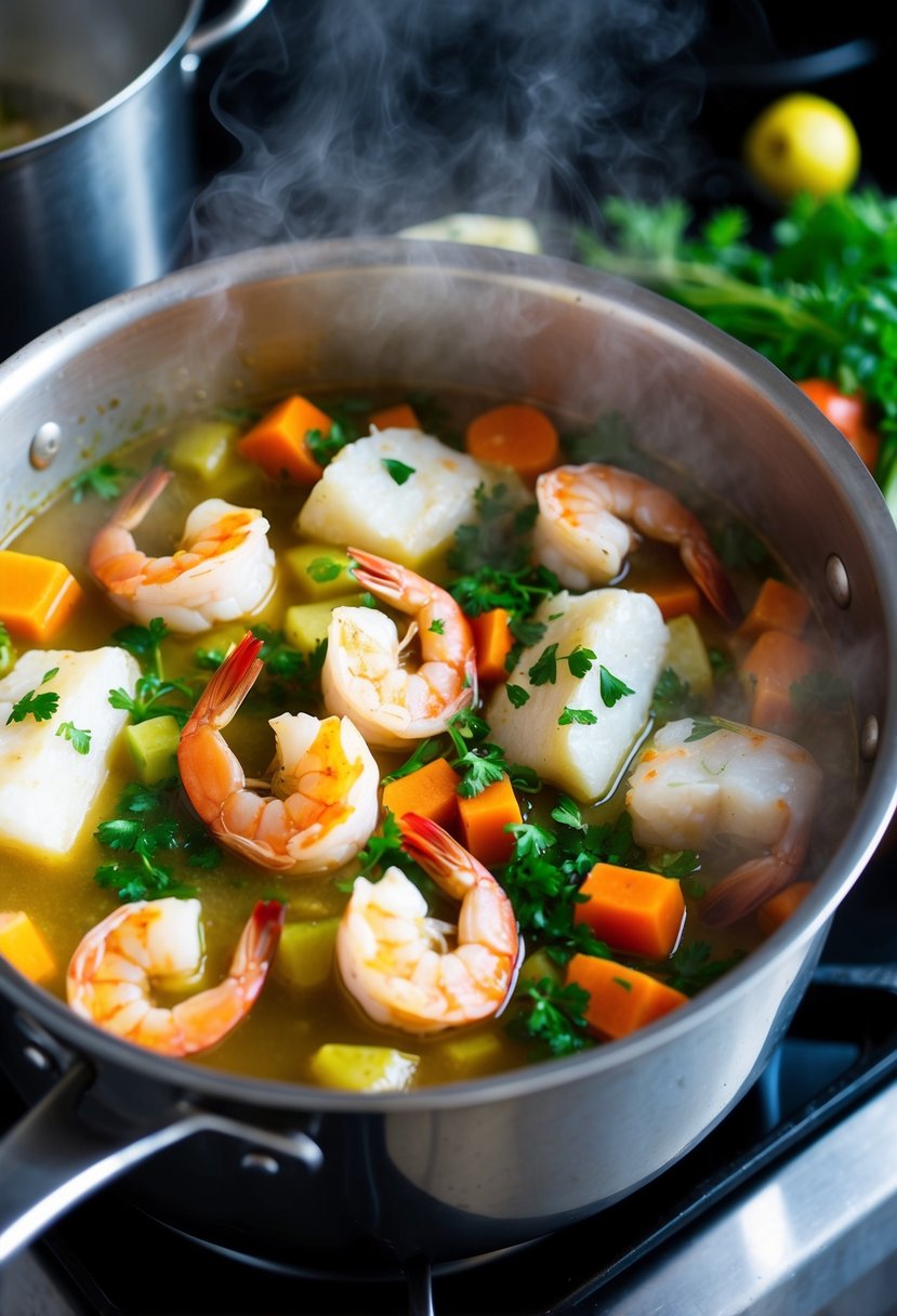 A steaming pot of shrimp and fish stew simmering on a stovetop, with chunks of white fish and plump shrimp surrounded by colorful vegetables and aromatic herbs