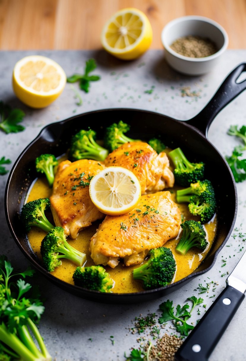 A sizzling skillet with golden-brown lemon butter chicken and vibrant green broccoli, surrounded by a sprinkling of herbs and spices