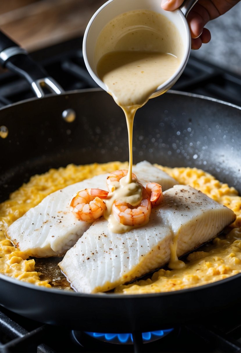 A sizzling white fish fillet is being seared in a hot pan, while a rich and creamy shrimp sauce is being drizzled over the top