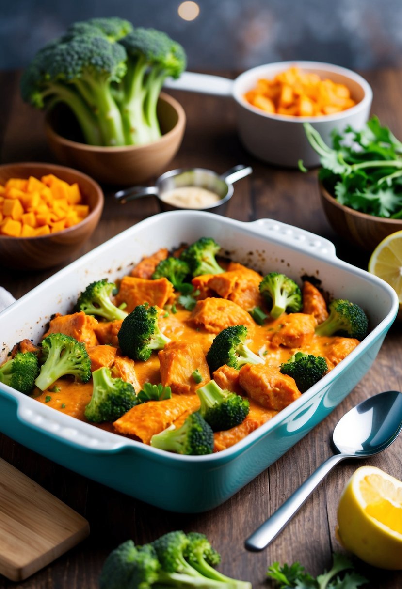 A baking dish filled with buffalo chicken and broccoli, surrounded by keto-friendly ingredients and cooking utensils