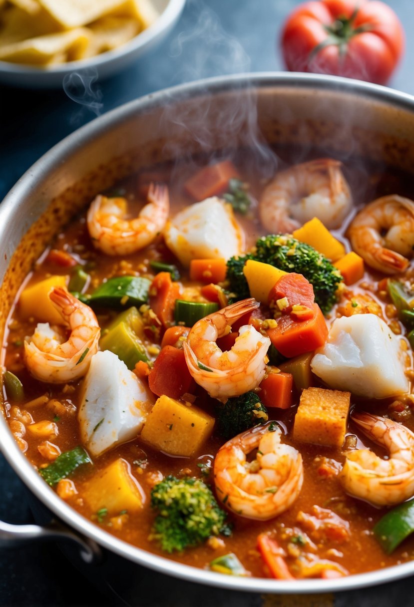 A steaming pot of jambalaya filled with chunks of white fish, plump shrimp, and colorful vegetables, simmering in a rich and spicy tomato-based broth