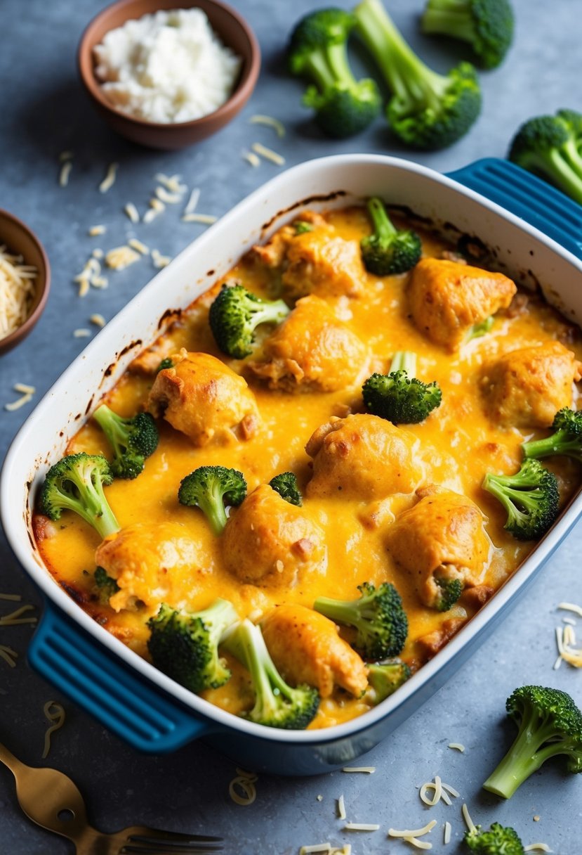 A bubbling casserole dish filled with cheesy chicken and broccoli, surrounded by scattered keto recipe ingredients