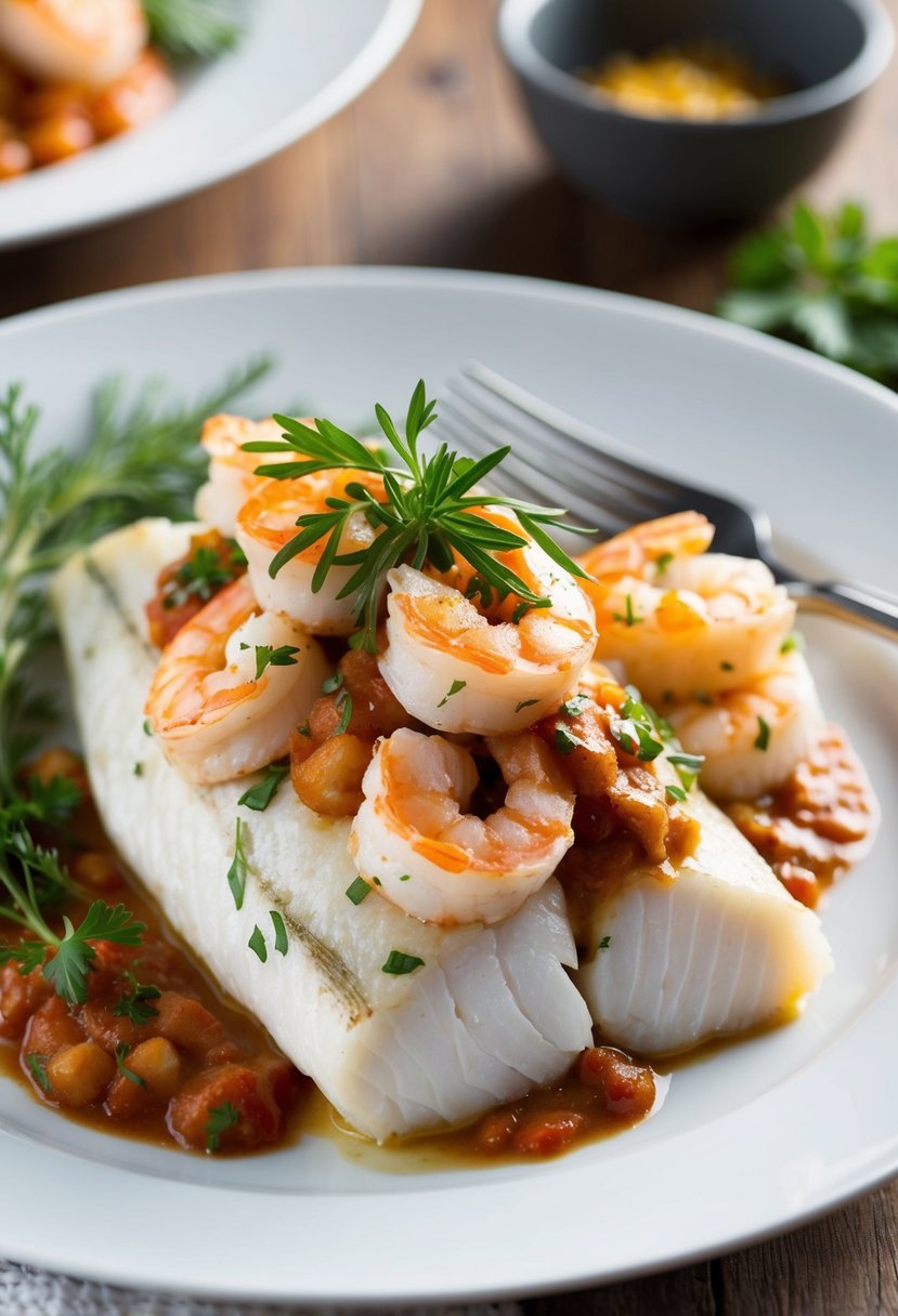 A white fish fillet stuffed with shrimp, topped with a savory sauce and garnished with fresh herbs