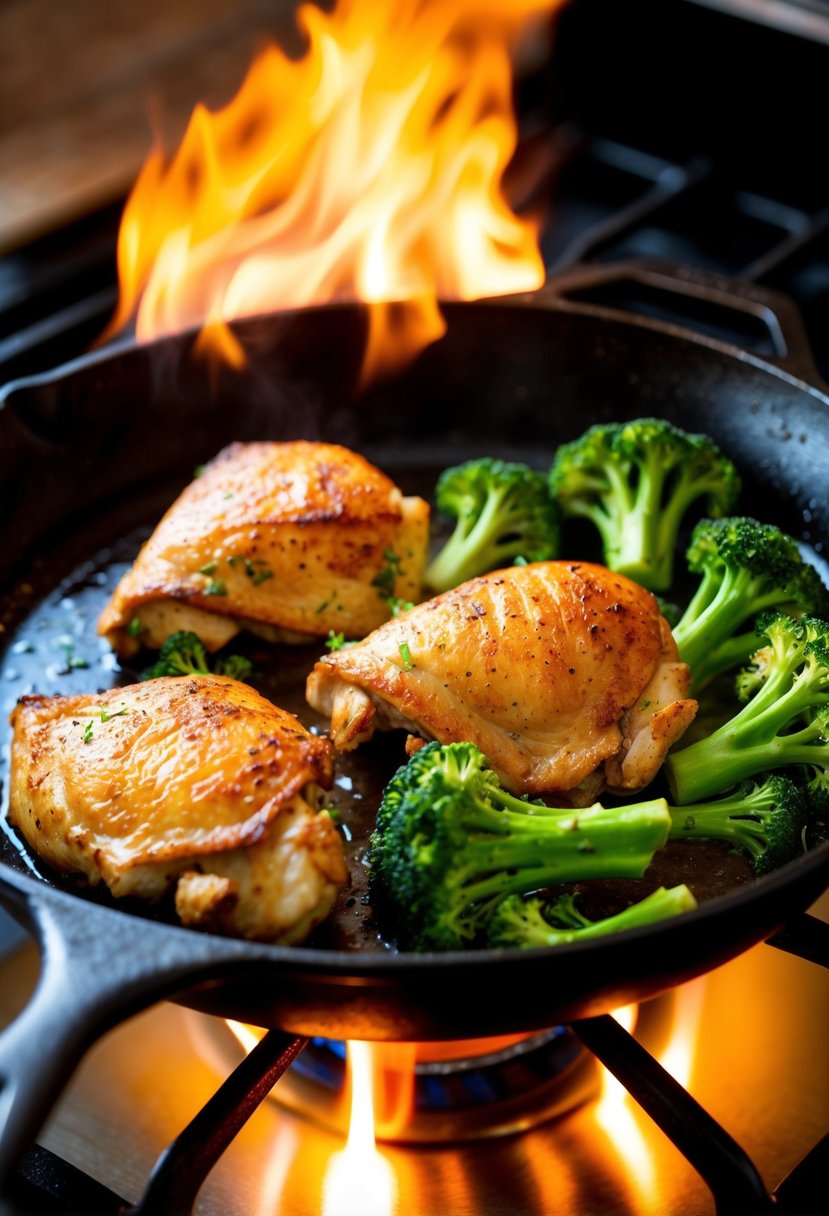 A sizzling skillet with golden-brown chicken and vibrant green broccoli cooking together over a high flame