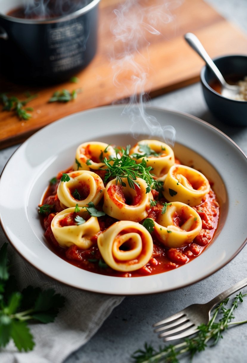 A steaming plate of tortellini in red sauce with fresh herbs