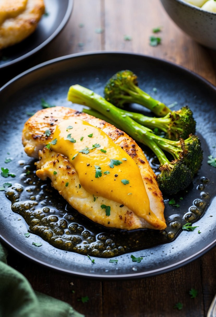 A sizzling honey mustard chicken breast with roasted broccoli on a dark, rustic serving platter