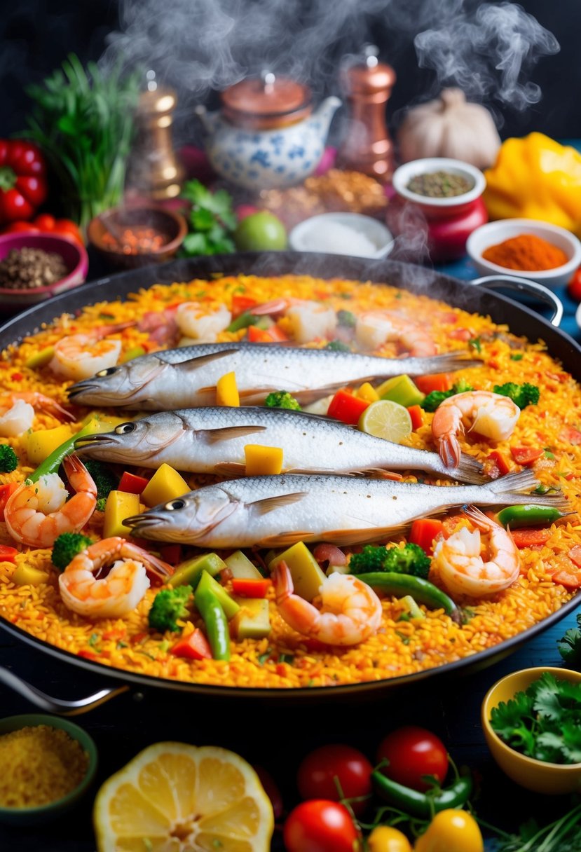 A large, steaming paella pan filled with white fish, shrimp, and vibrant vegetables, surrounded by a colorful array of ingredients and spices