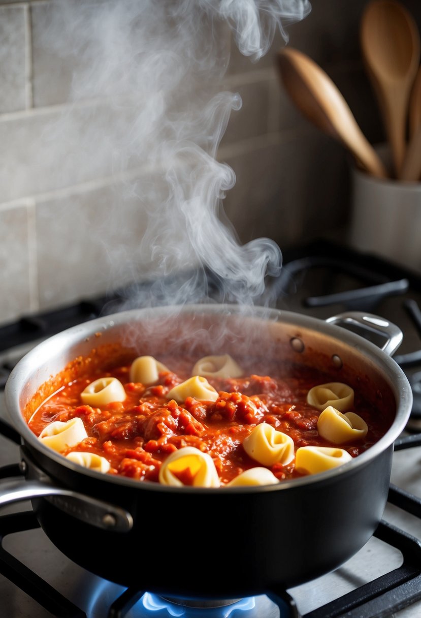 A pot of classic marinara sauce simmers on the stove, steam rising as the rich red sauce coats the plump tortellini