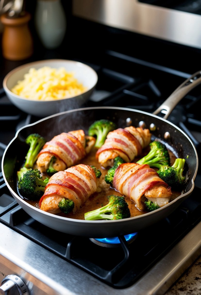 A sizzling skillet with bacon-wrapped chicken and broccoli cooking over a stove