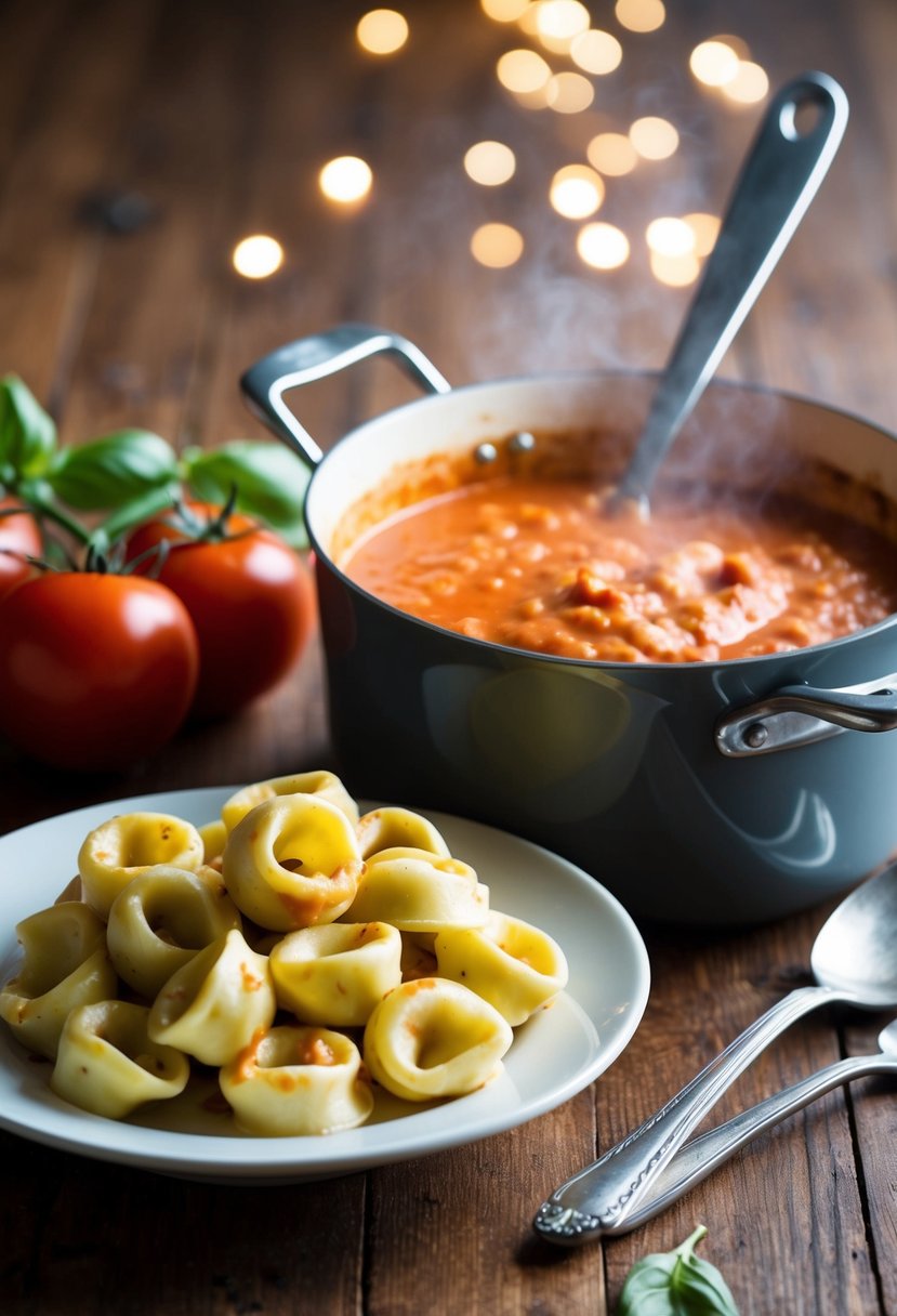 A pot of creamy tomato basil sauce simmers next to a pile of freshly cooked tortellini