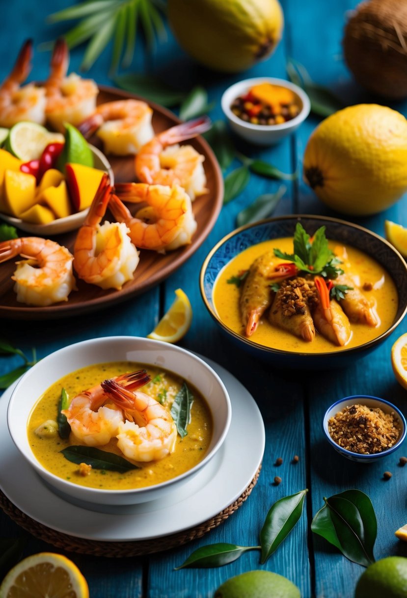 A table set with a platter of golden coconut shrimp and a bowl of fragrant fish curry, surrounded by tropical fruits and vibrant spices