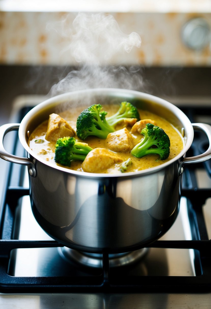 A steaming pot of coconut curry chicken and broccoli simmering on a stovetop