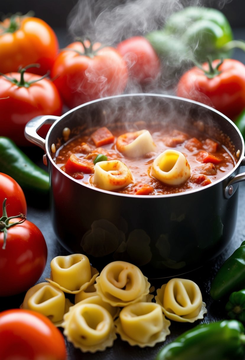 A steaming pot of arrabbiata sauce simmers next to a pile of fresh tortellini, surrounded by vibrant red tomatoes and spicy peppers