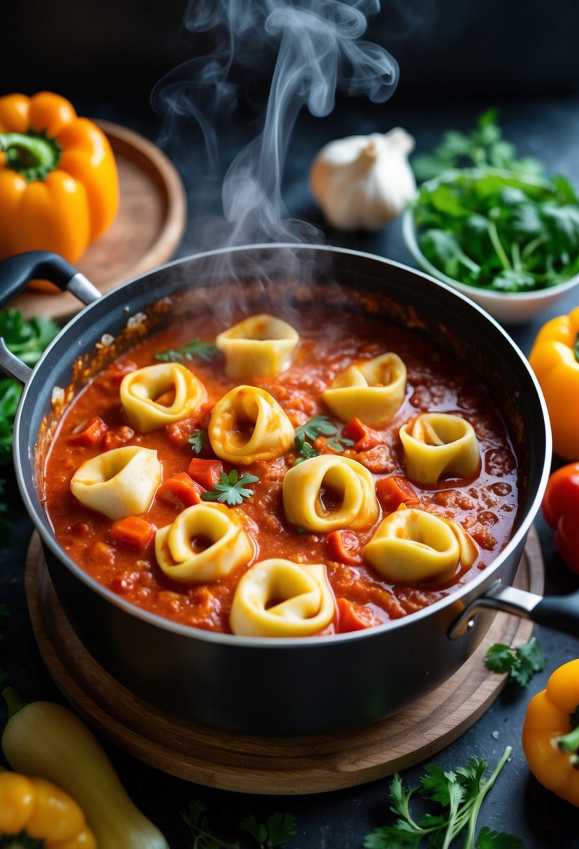 A pot of tortellini simmering in a rich, vibrant red pepper sauce, steam rising, surrounded by fresh ingredients