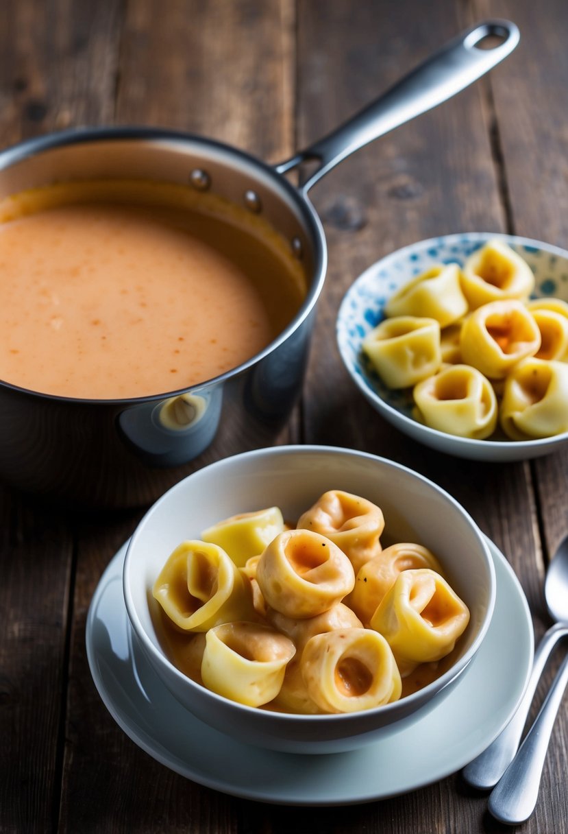 A pot of red vodka cream sauce simmers next to a bowl of freshly cooked tortellini