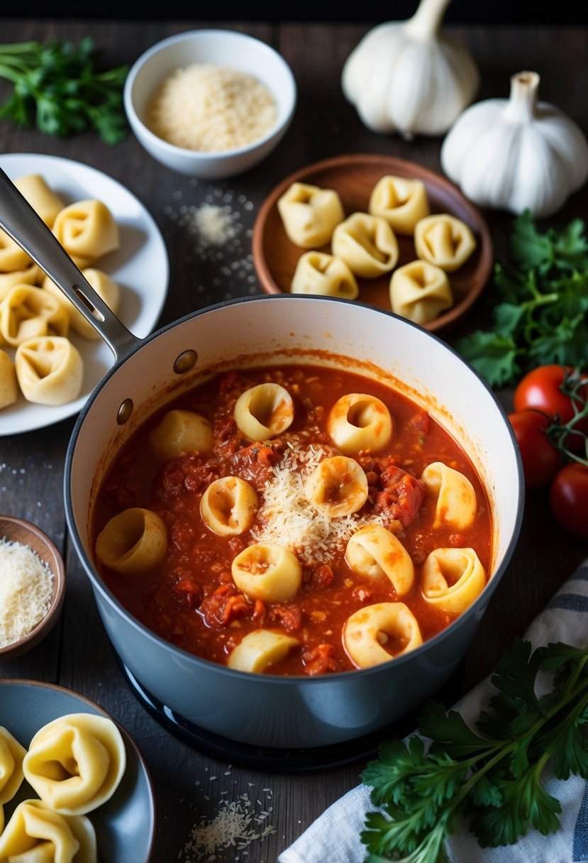 A pot of simmering red tomato sauce with garlic and Parmesan, surrounded by tortellini and recipe ingredients