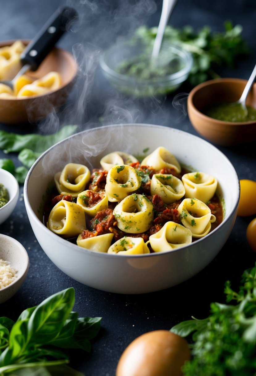 A steaming bowl of tortellini coated in vibrant sundried tomato pesto sauce, surrounded by fresh ingredients and cooking utensils