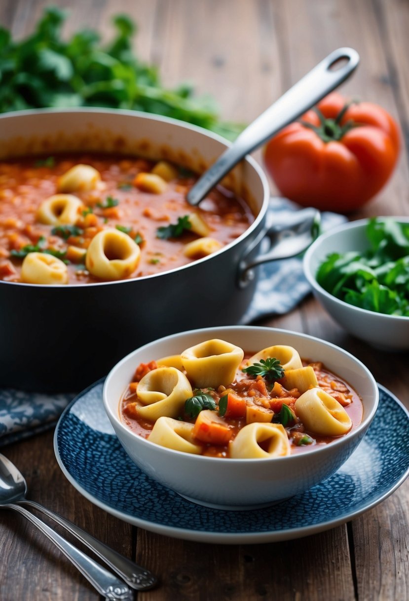 A pot of chunky vegetable tomato sauce simmers next to a bowl of tortellini