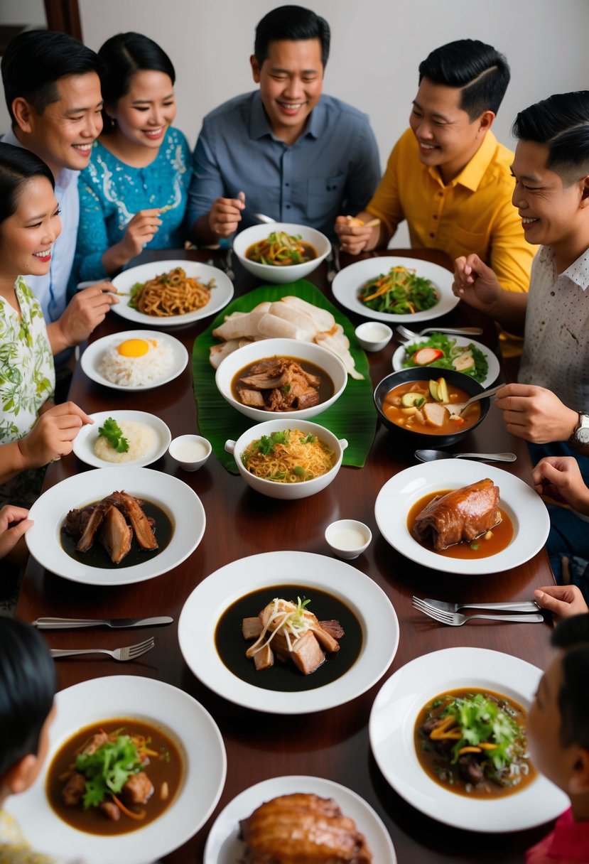 A table set with traditional Filipino dinner dishes, including adobo, sinigang, and lechon, surrounded by family and friends sharing a meal