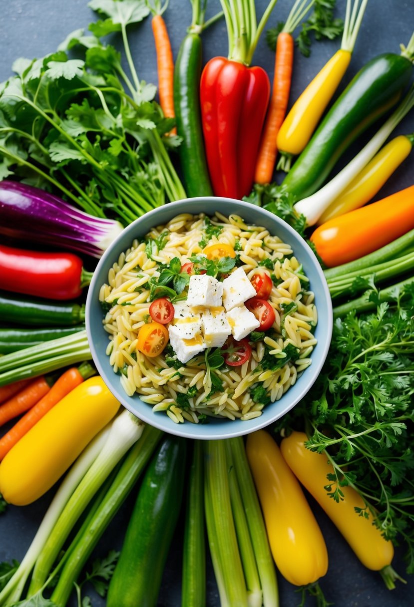 A colorful array of fresh vegetables and herbs arranged around a bowl of orzo, with a drizzle of olive oil and a sprinkle of feta cheese