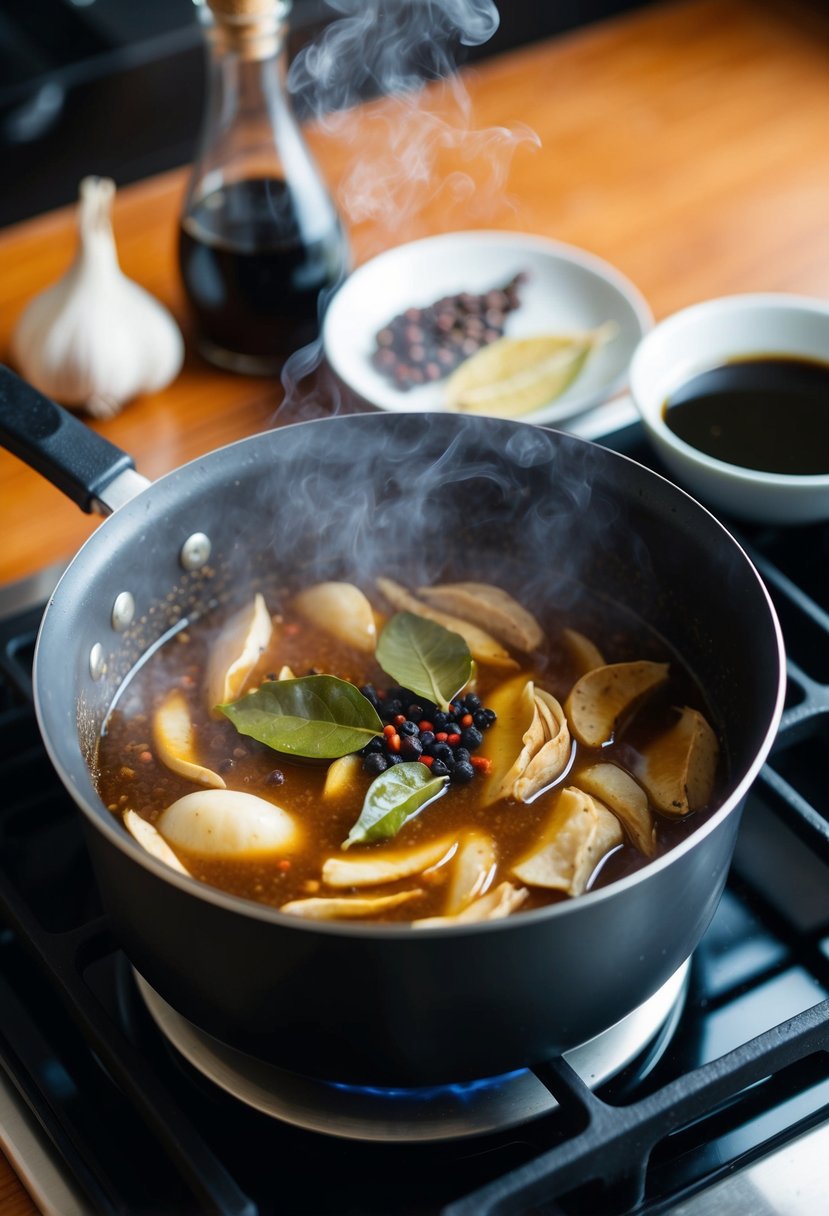 A steaming pot of adobo simmers on a stovetop, surrounded by garlic, bay leaves, and peppercorns. Vinegar and soy sauce add depth to the rich aroma