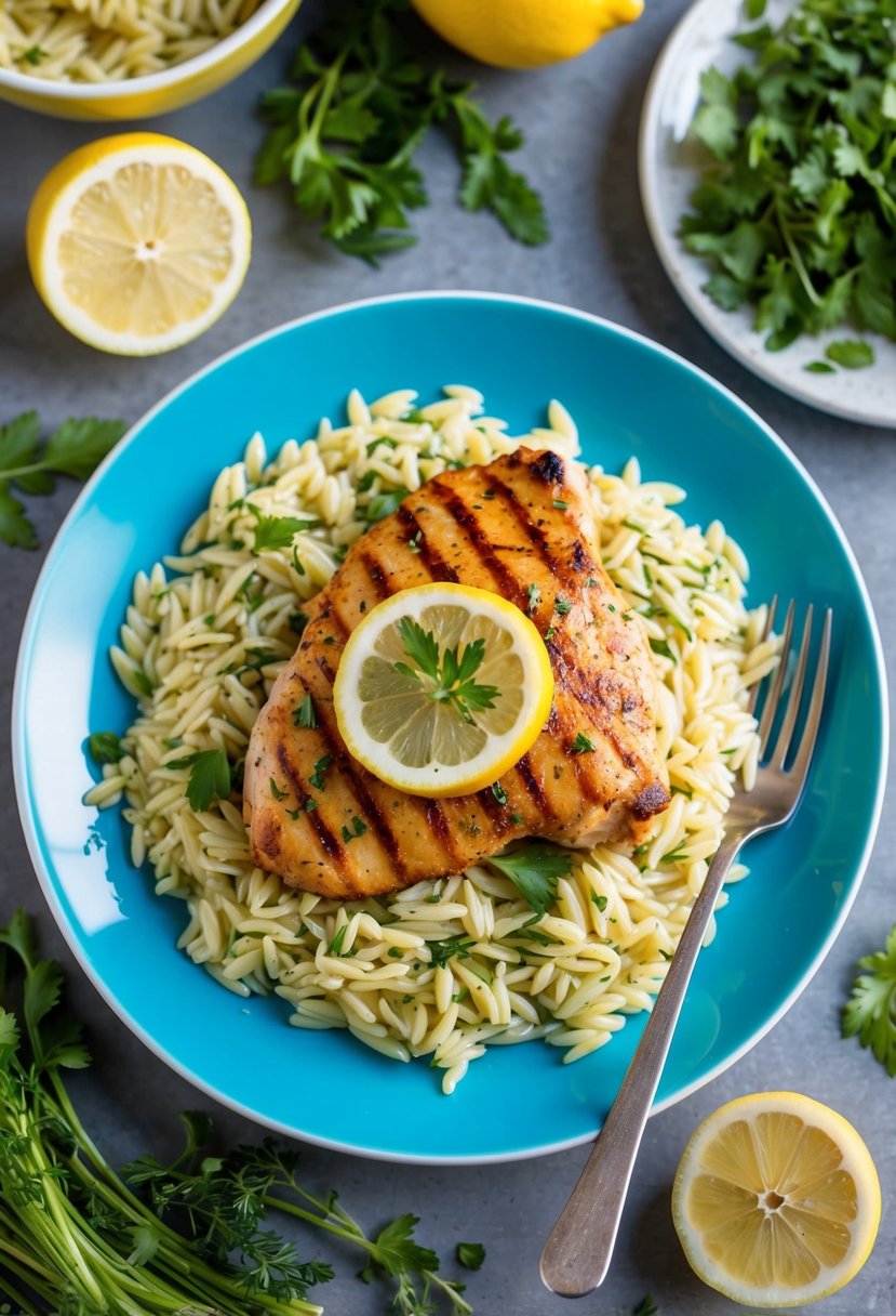 A colorful plate of lemon herb orzo topped with grilled chicken, surrounded by fresh herbs and vegetables