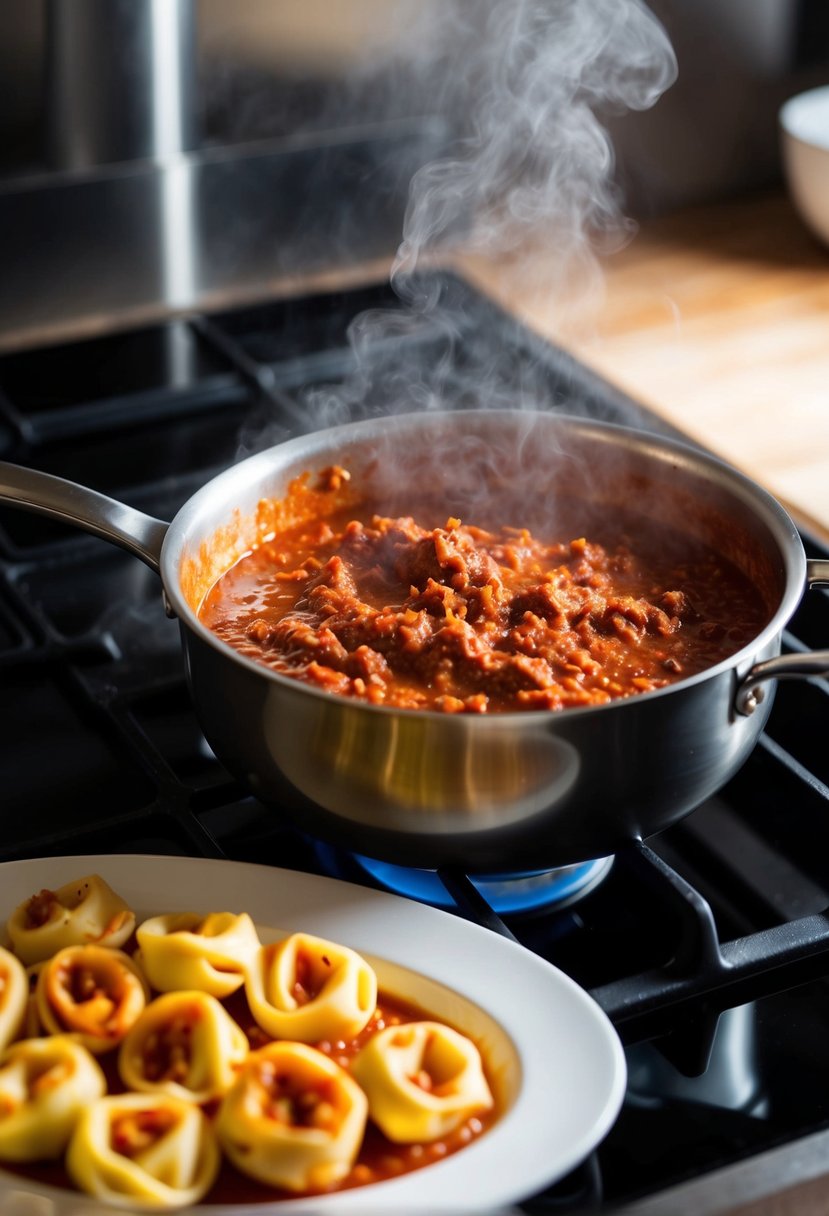 A pot of rich Bolognese sauce simmers on the stove, steam rising. A platter of cooked tortellini sits nearby, ready to be smothered in the savory red sauce