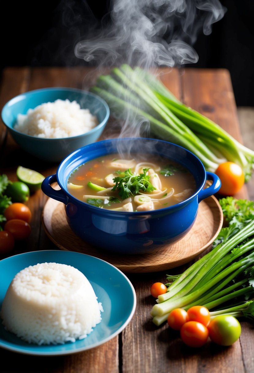 A steaming pot of sinigang soup surrounded by fresh vegetables and a bowl of rice on a wooden table