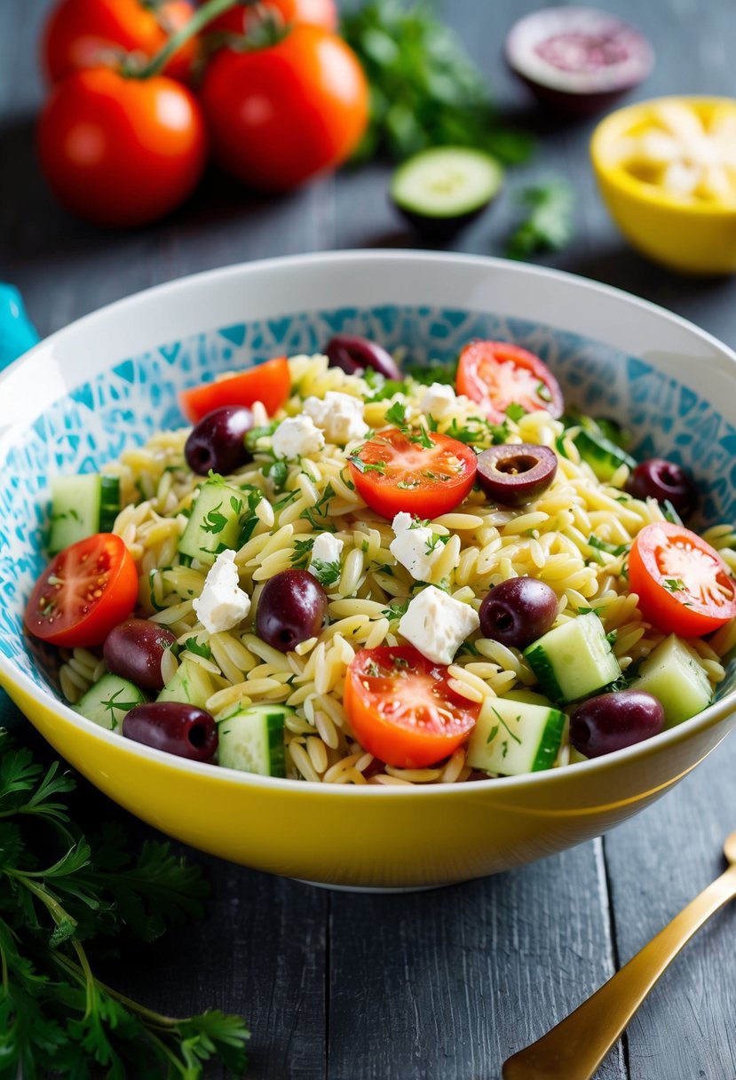 A colorful bowl of orzo salad with vibrant Mediterranean ingredients, such as tomatoes, cucumbers, olives, and crumbled feta cheese, garnished with fresh herbs