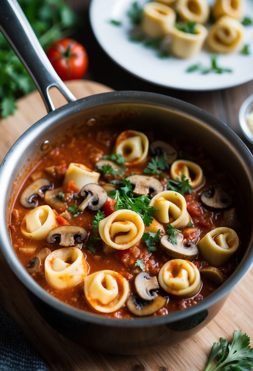 A pot of simmering mushroom tomato sauce with tortellini