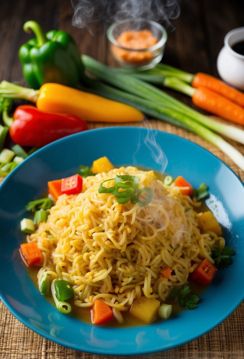 A steaming plate of Pancit Canton surrounded by colorful ingredients like carrots, bell peppers, and green onions