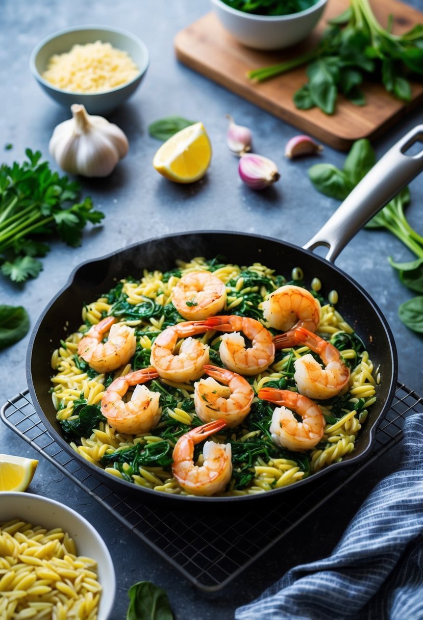 A sizzling skillet of garlic shrimp and spinach orzo, surrounded by fresh ingredients and a vibrant kitchen atmosphere