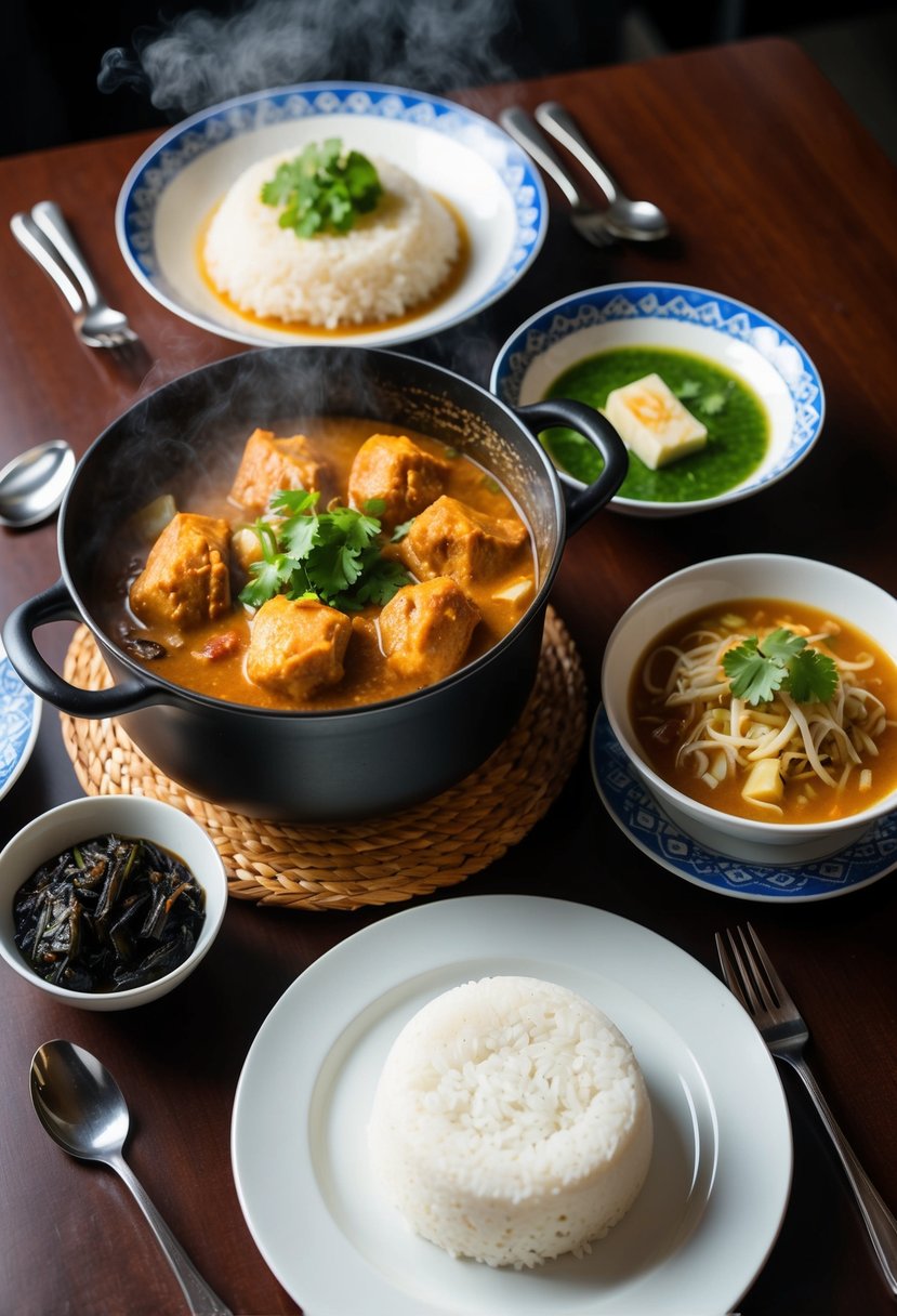 A table set with a steaming pot of Kare-Kare, a bowl of bagoong, and a plate of steamed rice, surrounded by Filipino dinnerware and utensils