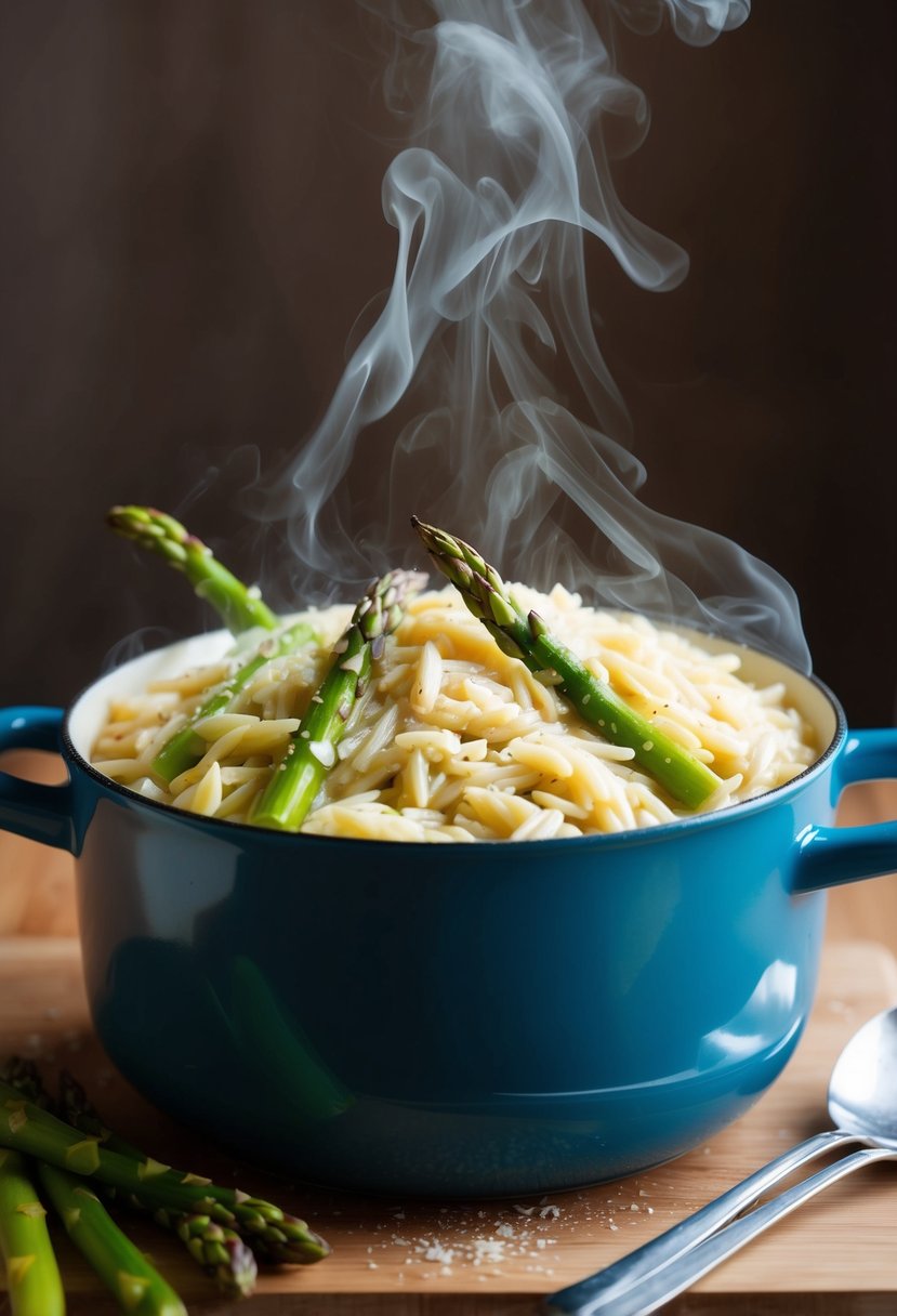 A steaming pot of creamy Parmesan orzo with vibrant green asparagus spears