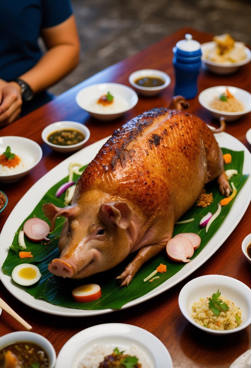 A table set with a whole roasted pig, surrounded by traditional Filipino side dishes and condiments