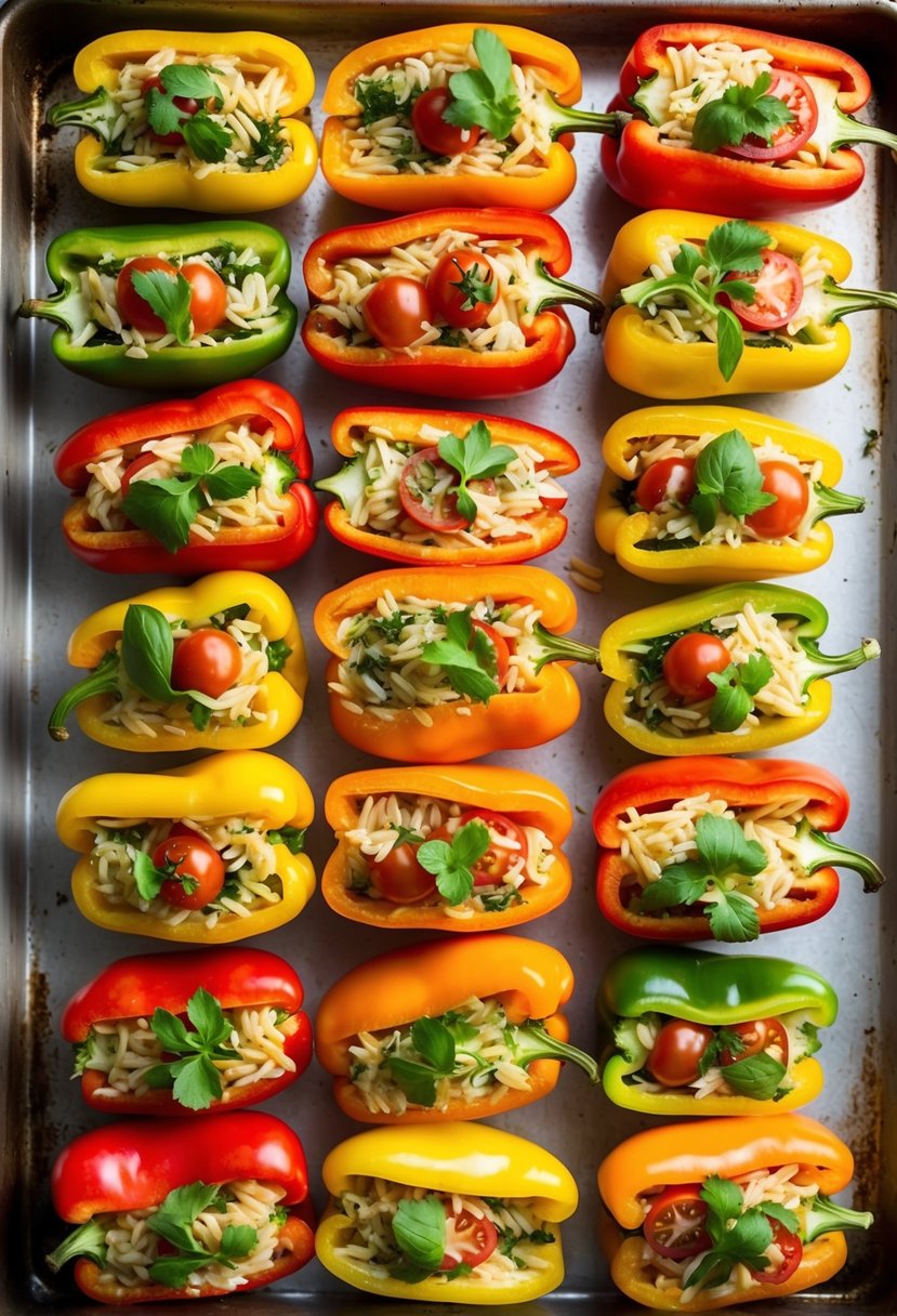 A colorful array of bell peppers, halved and filled with orzo, tomatoes, and fresh herbs, arranged on a baking sheet