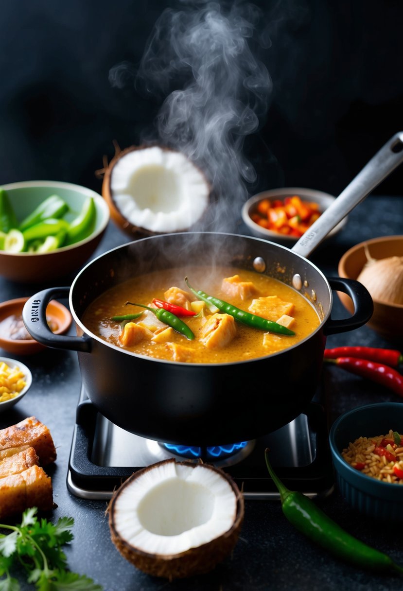 A steaming pot of Bicol Express simmers on a stove, surrounded by fresh ingredients like coconut milk, chilies, and pork