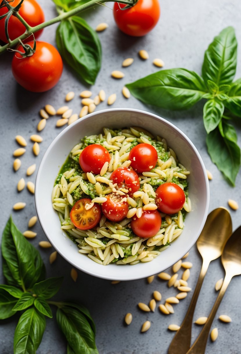 A bowl of pesto orzo topped with vibrant cherry tomatoes, surrounded by fresh basil leaves and a sprinkle of pine nuts