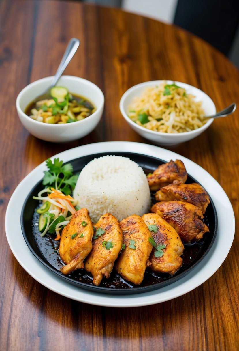 A sizzling plate of Chicken Inasal with a side of steamed rice and a bowl of atchara on a wooden table