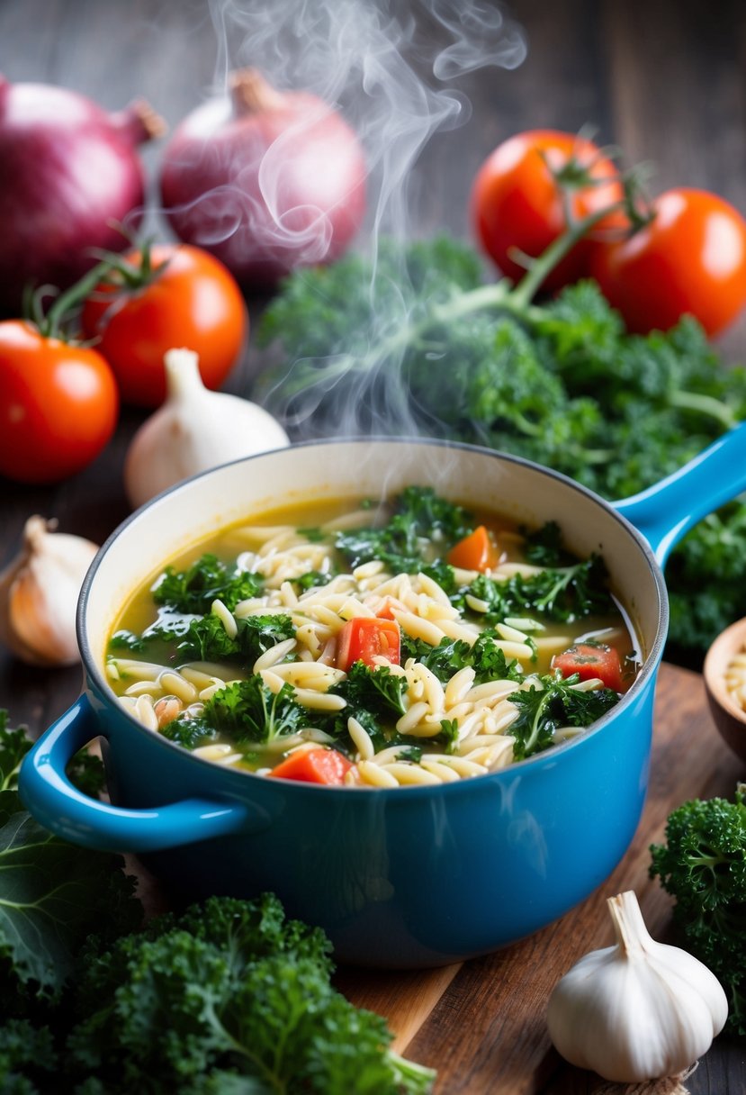 A steaming pot of orzo and kale soup surrounded by fresh ingredients like tomatoes, onions, and garlic