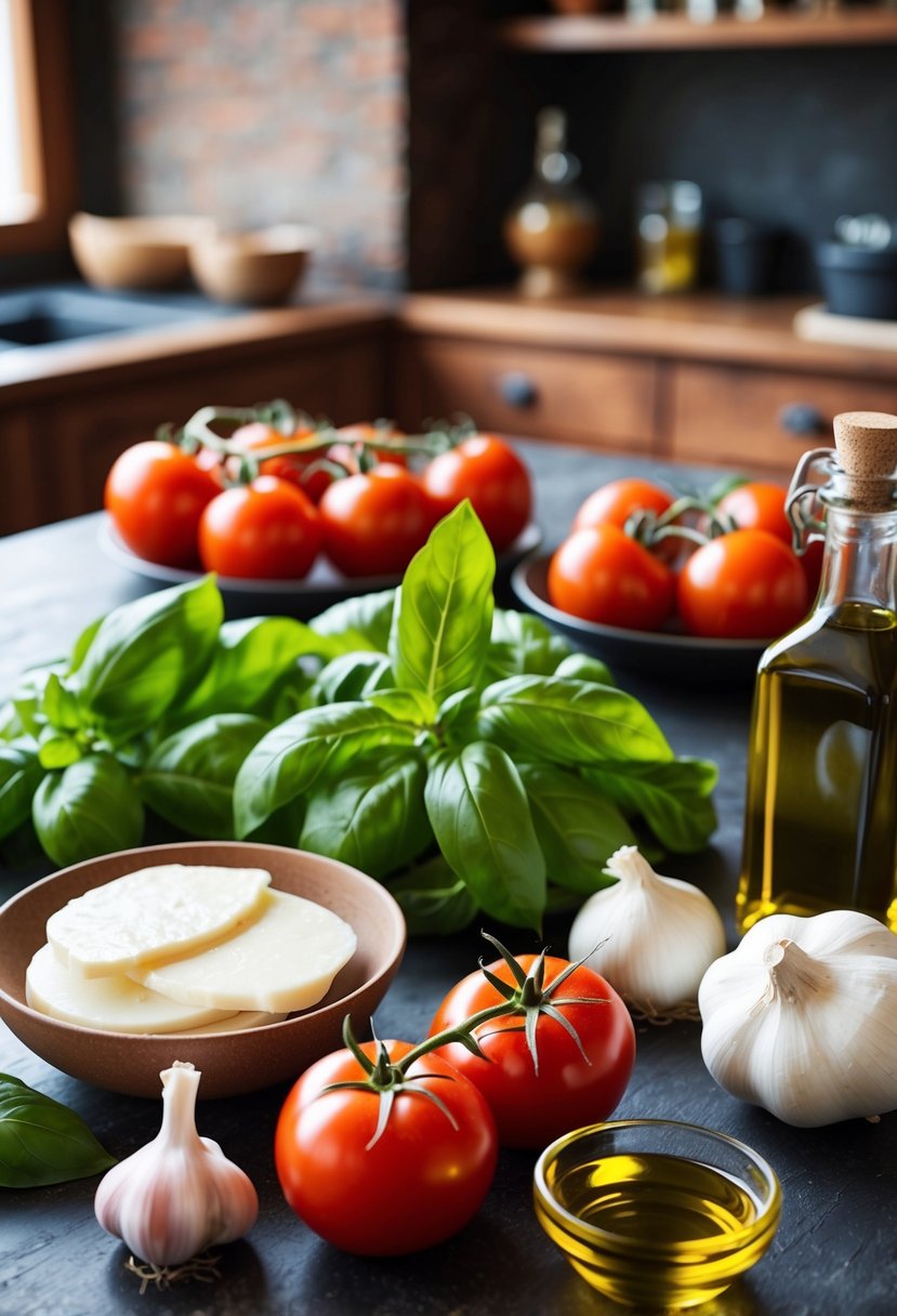 A table with various ingredients - tomatoes, basil, garlic, olive oil, and mozzarella cheese - arranged in a rustic kitchen setting