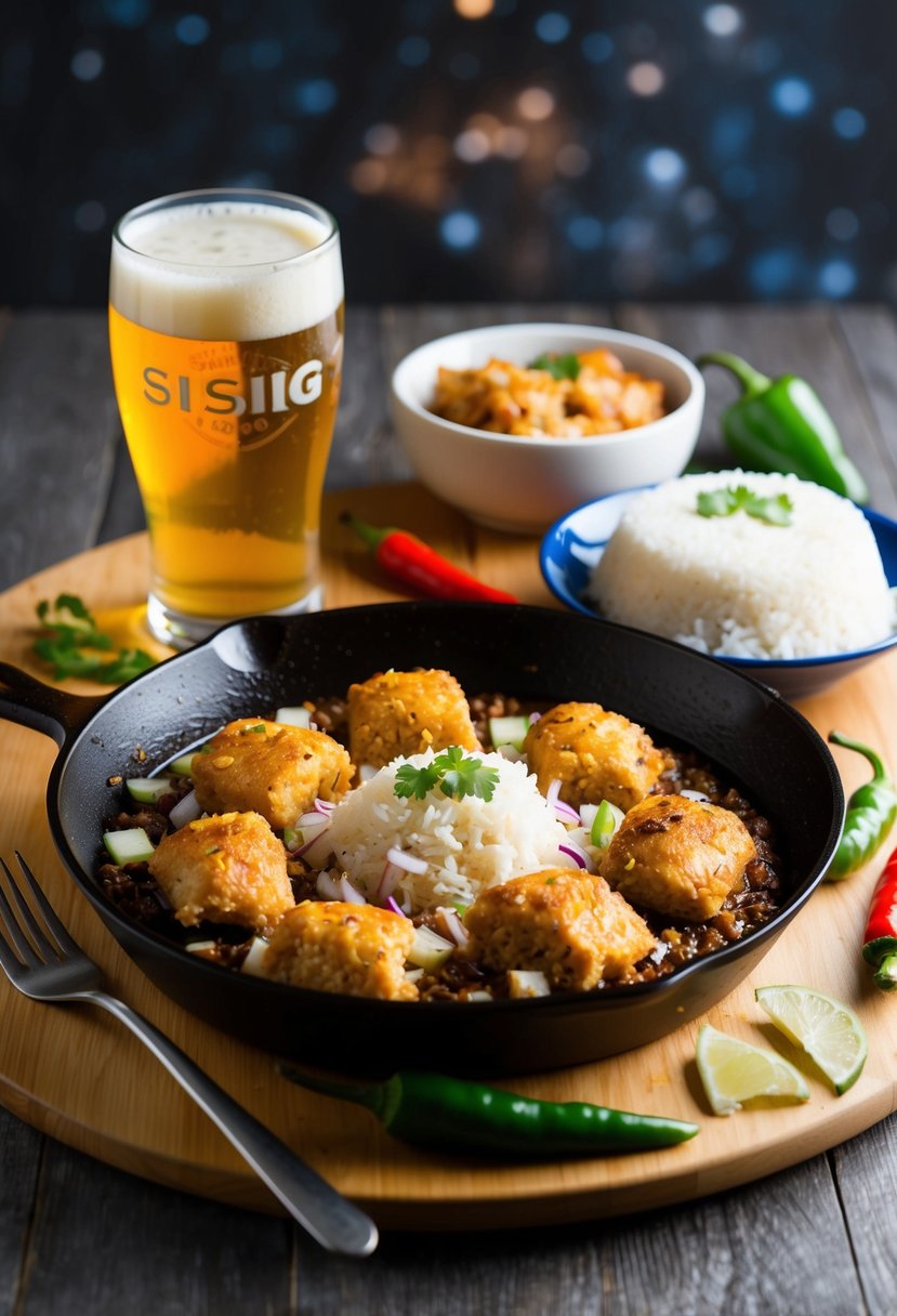 A sizzling skillet of sisig, surrounded by chopped onions and chili peppers, with a side of steamed rice and a cold glass of beer