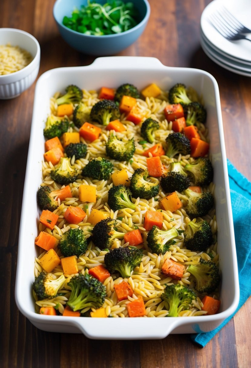 A colorful array of roasted vegetables and orzo arranged in a baking dish, ready to be baked into a delicious and healthy dinner