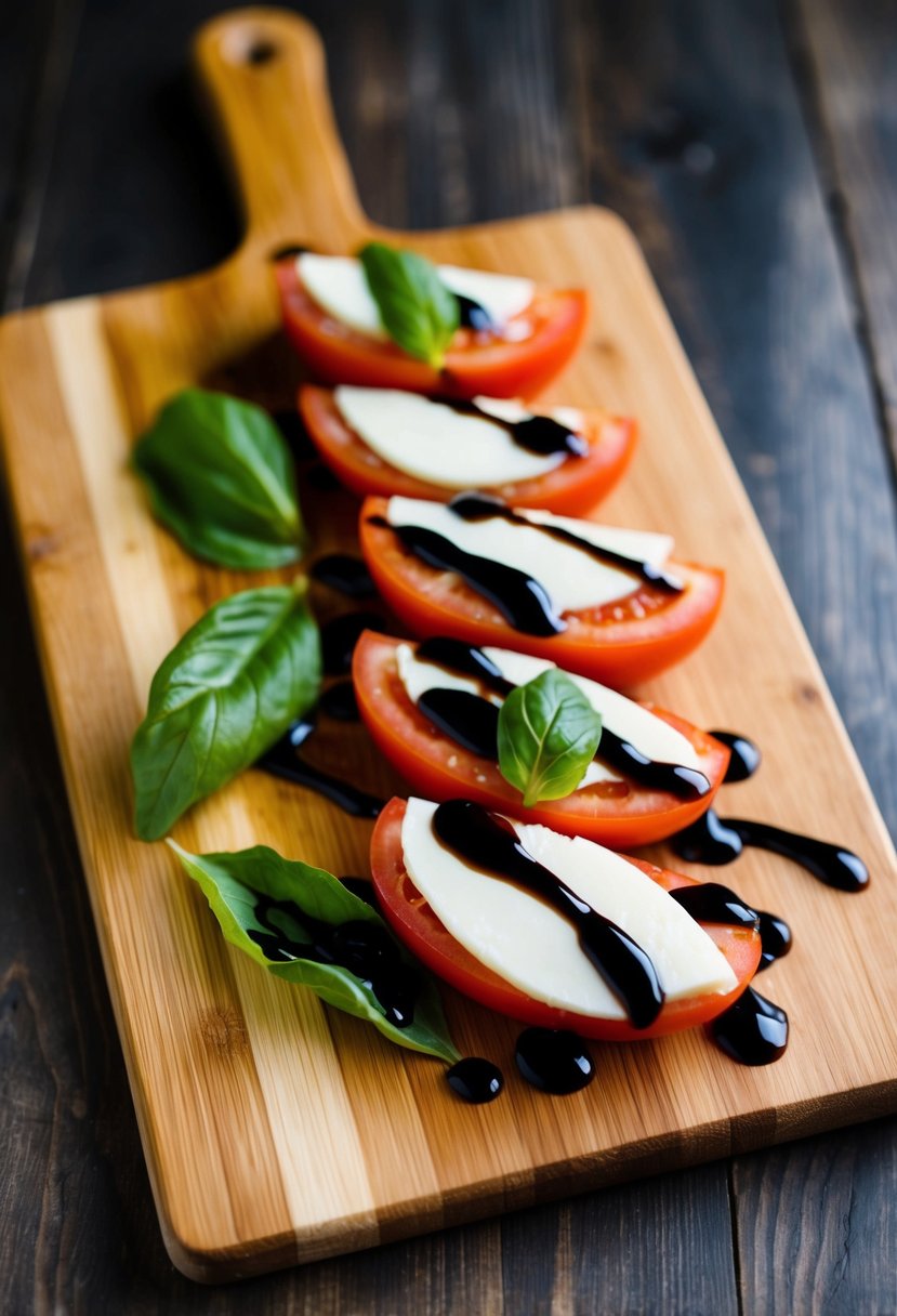 A wooden cutting board with sliced tomatoes, mozzarella cheese, basil leaves, and a drizzle of balsamic glaze