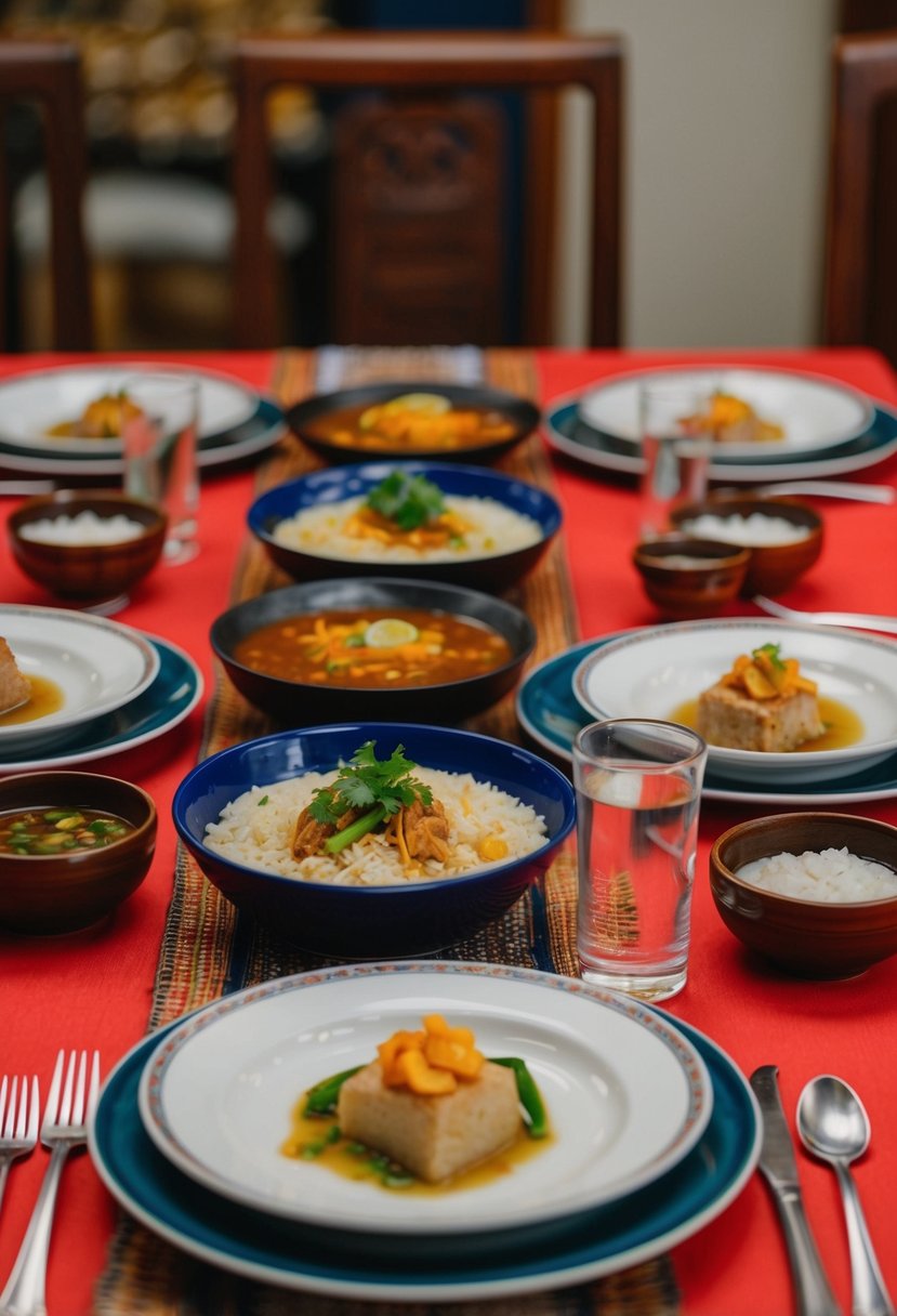 A table set with traditional Filipino dinner dishes and utensils